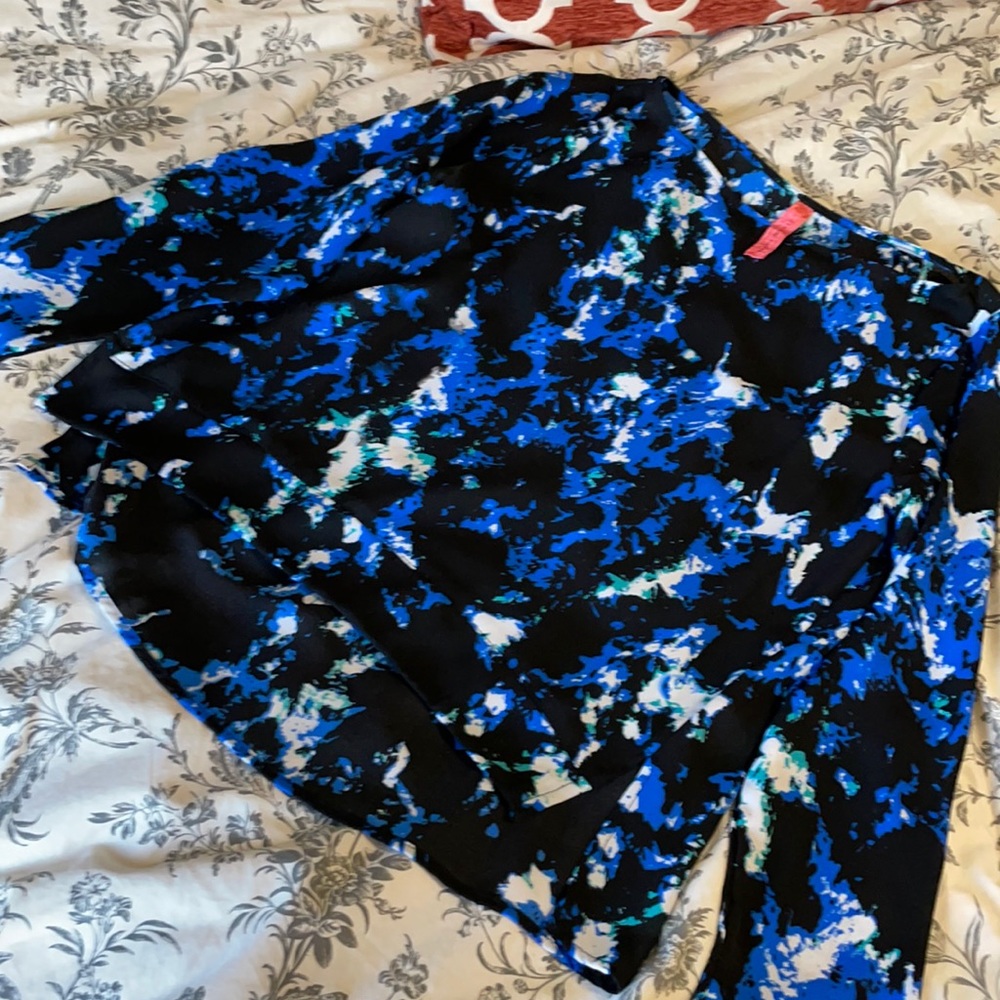 Eight Sixty Silky Blue Black White Blouse Long Sleeve Small